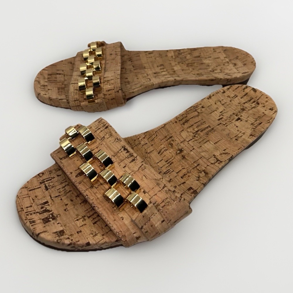 Veronica Beard Eni Cork Slide Sandals Gold Chain Link Natural Tan Size 7M Resort